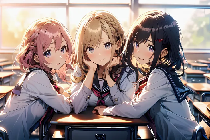masterpiece, best quality, highres, ultra detailed, 3+girls, (Each girl has a different hairstyle and hair color:1.3), <lora:Mistoon_Anime school uniform:0.5> Anime school uniform, (face), in classroom, crowd, <lora:flatBG:-1> evening, golden hour lighting, backlighting