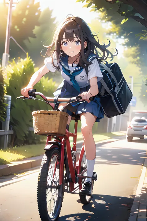 masterpiece, best quality, highres, ultra detailed, 1girl, riding bicycle, school uniform, school bag