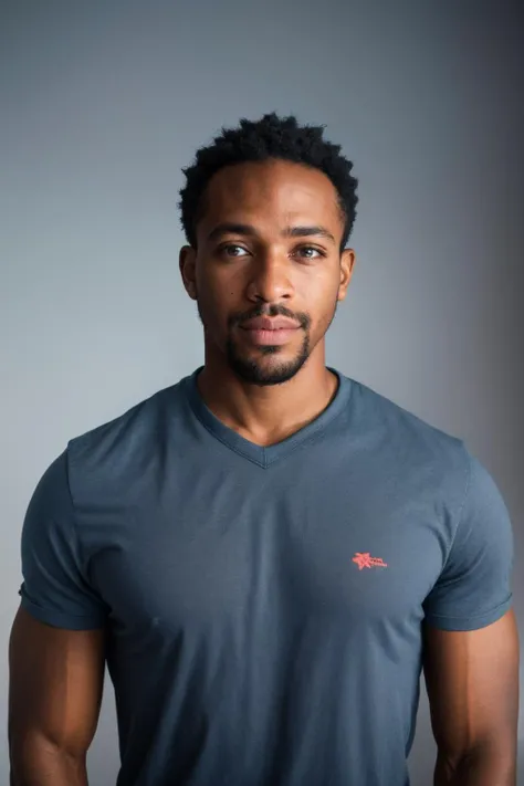 <lora:ren:0.8>,mv,1boy,male focus,solo,facial hair,shirt,beard,black hair,realistic,red shirt,dark skin,brown eyes,dark-skinned male,black background,upper body,looking at viewer,short sleeves,simple background,mustache,