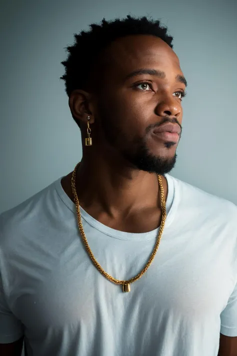 <lora:ren:0.9>,mv,dark skin,jewelry,solo,dark-skinned male,realistic,1boy,male focus,earrings,very dark skin,necklace,shirt,white shirt,simple background,facial hair,black hair,upper body,afro,dreadlocks,brown eyes,grey background,
