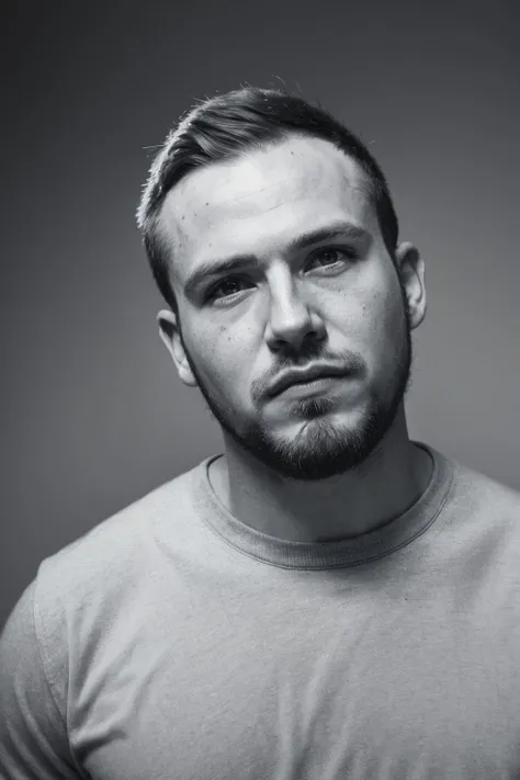 <lora:ren:0.9>,mv,1boy,greyscale,facial hair,monochrome,solo,male focus,beard,realistic,looking at viewer,shirt,portrait,closed mouth,short hair,black shirt,