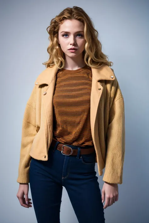 <lora:ren:0.9>,mv,1girl,solo,striped shirt,shirt,blonde hair,realistic,striped,blue eyes,jacket,belt,denim,looking at viewer,long hair,messy hair,pants,jeans,simple background,lips,black background,open clothes,full body,