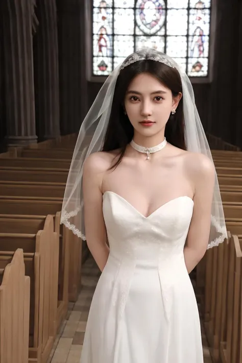 masterpiece, best quality, highres,1girl, wedding dress,(bridal veil), cowboy shot, choker, arms behind back, in church, looking at viewer, choker,cleavage, see-through, standing
<lora:Mmzzz_v1-000008:0.74>