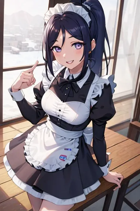 from side, kissing penis, bloom, blunt bangs, hime cut, covered nipples, medium round breasts, cleavage, (mature female:1.6), milf, black hair, (hair_bow), long hair, wavy hair, blue eyes, waitress, black dress, puffy short black sleeves, waist_apron, collarbone, toned, lineart, vivid colors, day, purple_eyeshadow, makeup, eyeliner, narrow_waist,