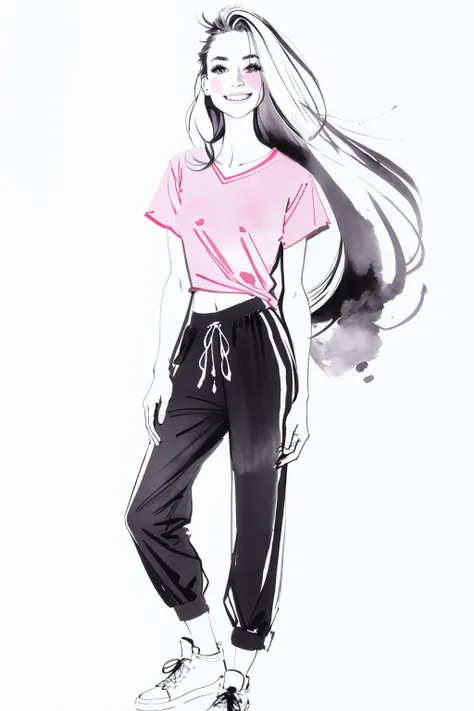 bissett, illustration, ink watercolor, white background, nipples,
1girl, solo, long hair, smile, simple background, shirt, standing, full body, short sleeves, shoes, pants, grey background, sketch, see-through, white footwear, pink shirt, white pants, fashion,
<lora:bissett-02:1>