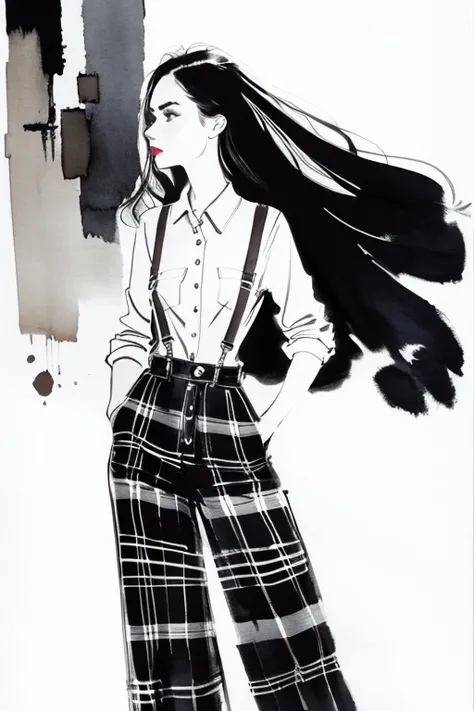 bissett, illustration, ink watercolor, white background,
1girl, solo, long hair, black hair, standing, pants, plaid, makeup, suspenders, looking up, lipstick, hands in pockets,
 <lora:bissett-02:0.95>
