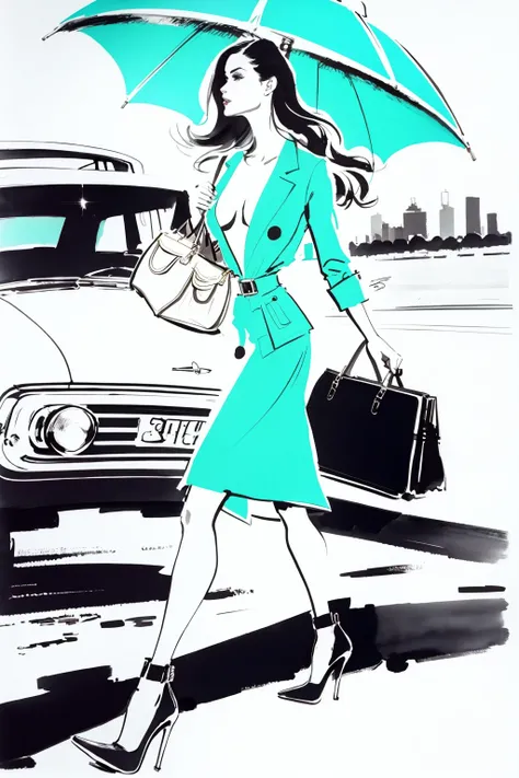 bissett, illustration, ink watercolor, white background, , 
1girl, solo, long hair, monochrome, bag, high heels, umbrella, ground vehicle, motor vehicle, walking, handbag, car, tiffany blue unmbrella,
 <lora:bissett-02:1>
