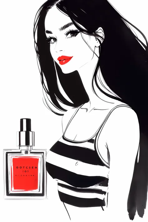 bissett, illustration, ink watercolor, white background, , 
1girl, solo, long hair, looking at viewer, smile, black hair, white background, upper body, striped, black eyes, english text, makeup, lipstick, spot color, striped shirt, red lips, perfume bottle,
 <lora:bissett-02:1>