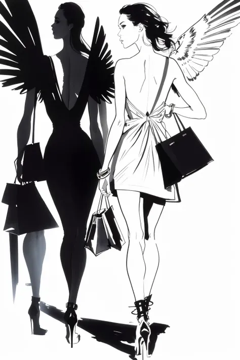 bissett, illustration, ink watercolor, white background, nipples, 
1girl, solo, simple background, white background, dress, holding, jewelry, standing, monochrome, full body, wings, bag, from behind, high heels, bracelet, shadow, spot color, walking, cuffs, holding bag, handcuffs, shopping bag,
 <lora:bissett-02:1>