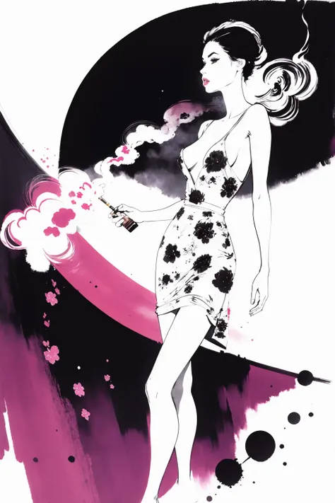 bissett, illustration, ink watercolor, white background, nipples,
1girl, solo, black hair, dress, barefoot, makeup, floral print, moon, smoke, cigarette, smoking, crescent moon,
<lora:bissett-02:1>