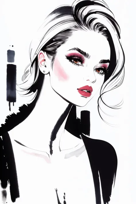 bissett, illustration, ink watercolor, white background, , 
1girl, solo, simple background, white background, signature, lips, eyelashes, makeup, traditional media, lipstick, eyeshadow, eye focus,
 <lora:bissett-02:1>