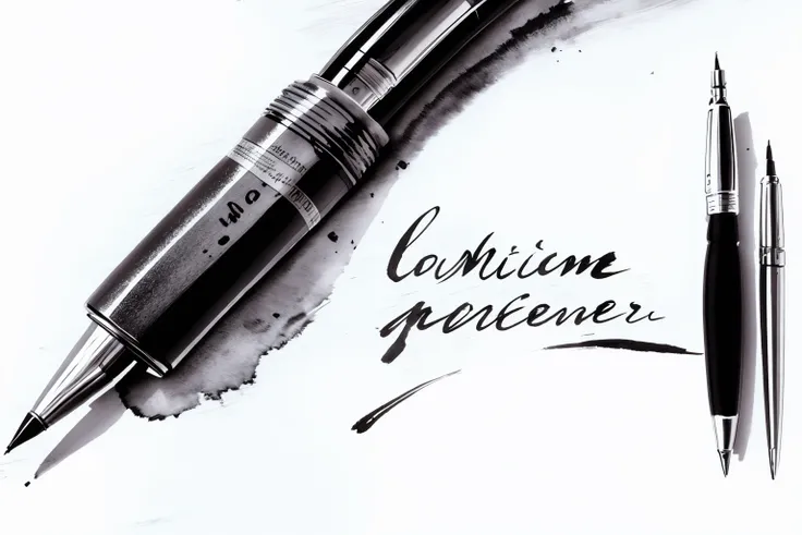 bissett, illustration, ink watercolor, white background, , 
 simple background, white background, english text, no humans, shadow, traditional media, paper, camera, pen, painting (medium), pencil, still life, nib pen (object),
 <lora:bissett-02:1.05>