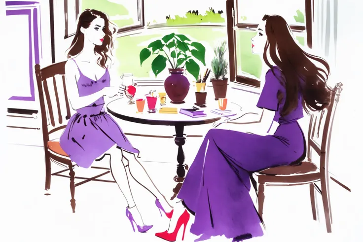 bissett, illustration, ink watercolor, white background,
1girl, solo, long hair, brown hair, dress, sitting, bag, high heels, cup, window, makeup, chair, traditional media, table, plant, lipstick, purple dress, drinking glass, handbag,
<lora:bissett-02:1.05>