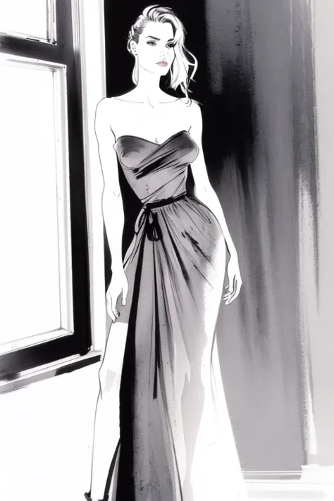 bissett, illustration, ink watercolor, white background, nipples,
1girl, solo, dress, bare shoulders, black dress, window, strapless, hand on own chest, strapless dress, long dress,
<lora:bissett-02:1>