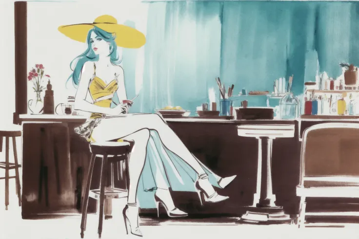bissett, illustration, super long legs,
 ink watercolor,1girl, solo, coffee, afternoon tea,  chairs,bar stool, sitting, 
 ornamental,  long hair, tiffany blue, nikon yellow,  UPS brown,  hat, thighighs, high heels,  shopping bags, see through, 
 white background, lips, eyelashes, makeup, lipstick, eyeshadow, 
2d, lineart, 
 <lora:bissett-02:0.95> <lora:epiNoiseoffset_v2:1>