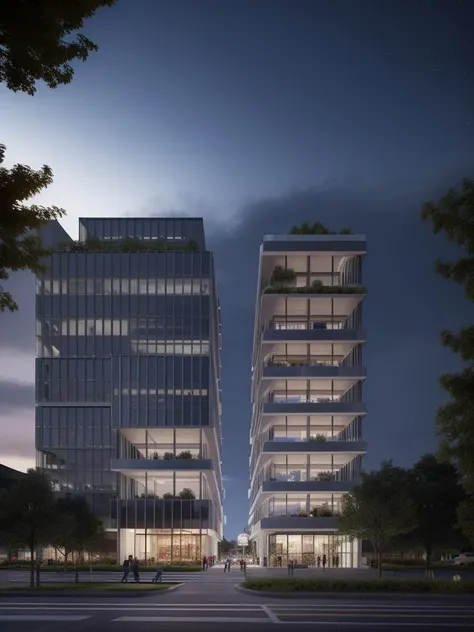 building, Night scene rendering, renderings texture, modernism, Business district, evening, human perspective, street view, 8K, high detail