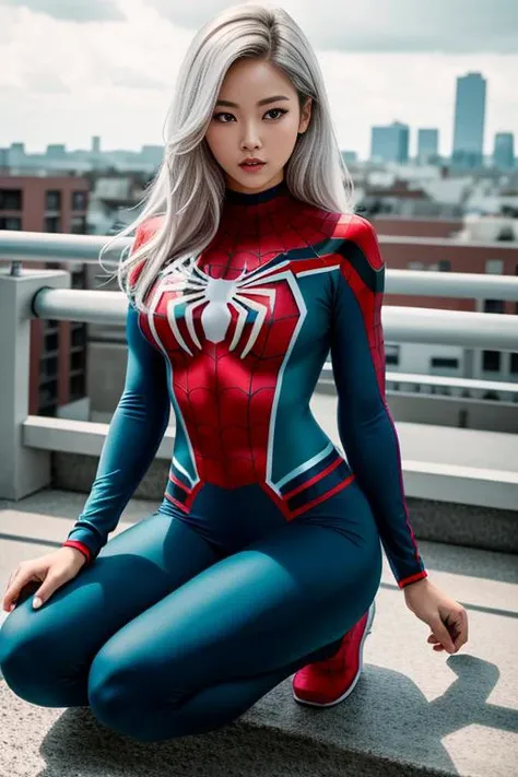 RAW photo, photo-realistic, ((Roseann Park)) as Spider Gwen, (teal  base suit color), ((spider-man suit)) , platform , spider, super hero, full body suit, medium white hair, beautiful face, rain, rooftop perch, masterpiece, intricate detail, perfect anatomy, none , <lora:Rose:0.1>, ((masterpiece, best quality, highres, adult female)), realism, 1girl, TONED ABs, beautiful, intricate details, depth of field, 8k uhd, dslr, soft lighting, high quality, film grain, Fujifilm XT3