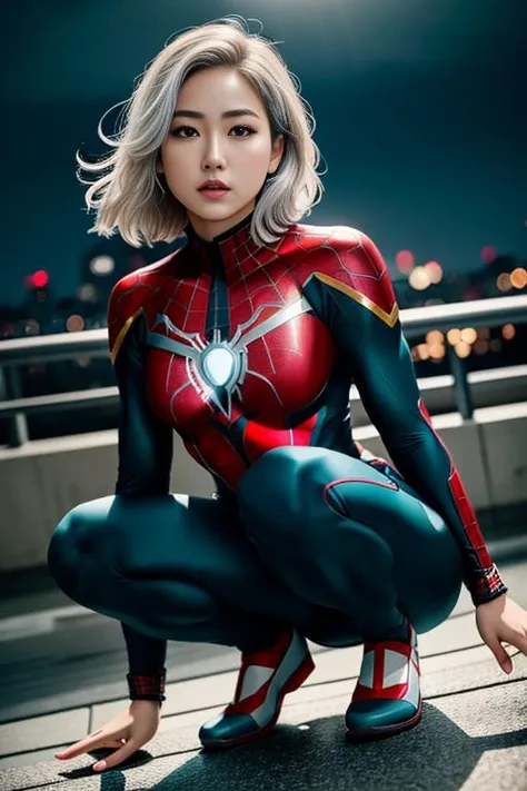 RAW photo, photo-realistic, ((Roseann Park)) as Spider Gwen, (teal  base suit color), ((armor, iron spider,)) , flat shoes , spider, super hero, full body suit, medium white hair, beautiful face, rain, rooftop perch, masterpiece, intricate detail, perfect anatomy, none , <lora:Rose:0.1>, ((masterpiece, best quality, highres, adult female)), realism, 1girl, TONED ABs, beautiful, intricate details, depth of field, 8k uhd, dslr, soft lighting, high quality, film grain, Fujifilm XT3