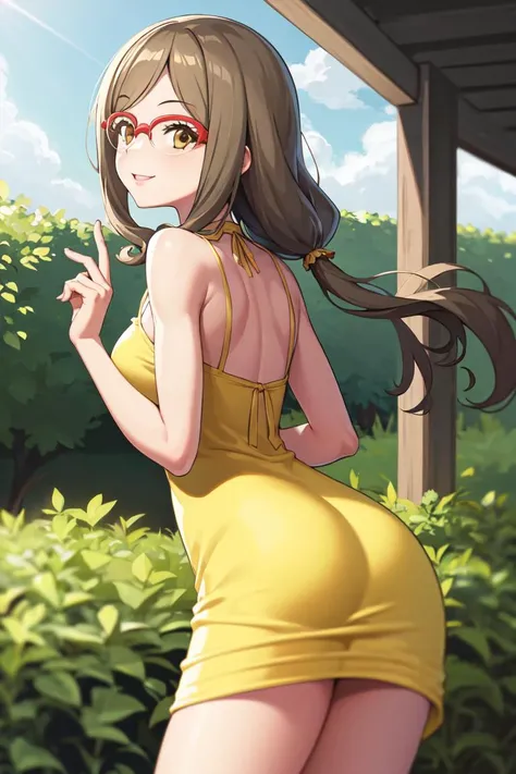 masterpiece, best quality, absurdres, perfect anatomy, 1girl, solo, Nakahara Mizuki, long hair, red-framed eyewear, from behind, sundress, yellow sundress, garden, day, sunshine, smile, looking back