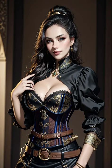 arafed woman with bustier gigantic breast in a corset and dress in front of a building, wearing an ornate outfit, ornate dress, intricate dress, elegant corset, ornate and elegant, extravagant dress, inspired by Hedi Xandt, ornate attire, intricate outfit, ornate royal gown, ornate clothing, ornate gown, intricate and elegant, intricate detailed dress, ornate , royal dress, masterpiece, best quality:1.2),,(8k,highres,RAW photo,realistic,photo-realistic:1.3),(detailed skin texture,detailed cloth texture,beautiful detailed face:1.25),professional lighting,photon mapping,beautiful soft light,radiosity,physically-based rendering,raytracing, model shoot style, model shoot style, (extremely detailed CG unity 8k wallpaper), full shot body photo of the most beautiful artwork in the world,