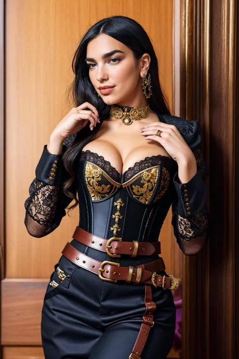 ((Masterpiece, best quality)),edgQuality,smirk,smug,
edgCorset, a woman wearing a corset with a belt,golden embroidery,decoration,
  <lora:edgCorset:0.85>
Dua Lipa,