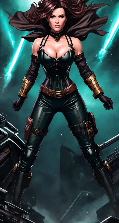 [Heidi Klum|Kate Mara|Emily Blunt] solo, dark green hair, brown eyes, (alchemist:0.8),
(thepit style:1.2), edgcorset corset ,
oil painting, [perky breast]
clad in her sleek black tactical suit,capture her in the midst of a rapid descent from a dropship,portray her making her way through a derelict spacecraft, gothic, Pixiv, Bathing Suit, big hair,
detailed background, swirling, (parched:0.8),  <lora:edgCorset:0.8>