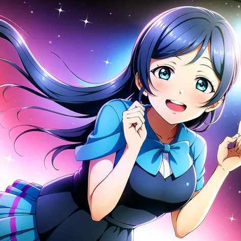 1girl, solo,(best quality),(masterpiece:1.1),blue (school uniform:1.4),dress, looking_at_viewer, neck_ribbon, smile, black eyes , studio background, cute, clear facial skin
