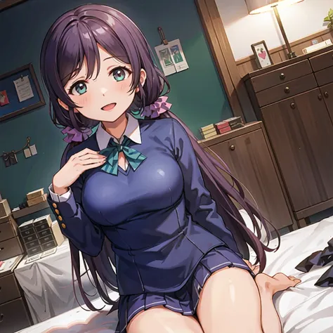 1girl, solo,(best quality),(masterpiece:1.1),blue (school uniform:1.4),dress, looking_at_viewer, neck_ribbon, smile, black eyes , studio background, cute, clear facial skin