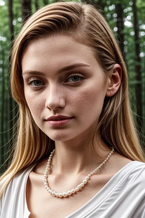 European woman, closeup, (shirt), pants, (koa campground), pearl necklace , ZM_rose, wide shoulders, perfect face, (contact iris: 1.1), pale skin, skin pores , depth of field