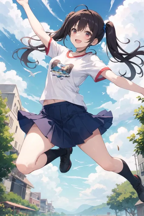 1girl, casual clothes, t-shirt, skirt, twintails, long hair, jumping, midair, happy, outdoors, nature, sky