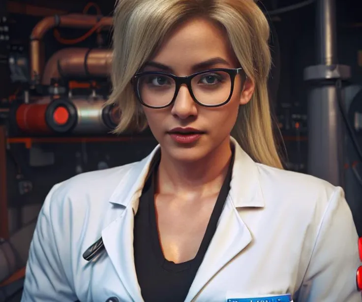 <lora:difConsistency_photo:0.75> (<lyco:SteamPunkBundle2v:0.6>, ManyPipesAI, <lora:mercy2:0.8> mercy, high ponytail, hair tie, unbuttoned labcoat, name tag, periscope, glasses, blond hair, blue eyes, supermodel, 1girl goth|punk|metal) BREAK photorealistic, too dark, (full body), masterpiece, HDR, 8K resolution, analog, best quality, RAW, vibrant colors, intricate detail, detailed face_and_eyes, realistic hands, sophisticated detail, realistic lighting, sharp focus, centerfold, 8k, full body shot