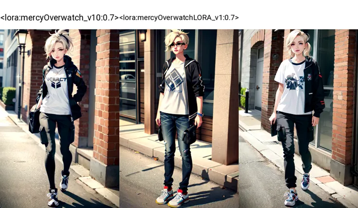 1girl, mercy \(overwatch\), streetwear, jacket, baggy tshirt, loose tshirt, cargo pants, street
<lora:mercyOverwatch_v10:0.7>