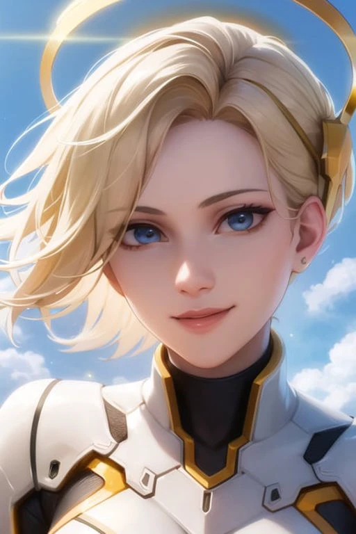 portrait, mercy, bodysuit,short hair, hair tie, looking at viewer, hopeful smile, confident facial expression, mechanical halo, glowing, sky, sunlgiht, <lora:mercyOverwatchLORA_v1:0.4>, best quality