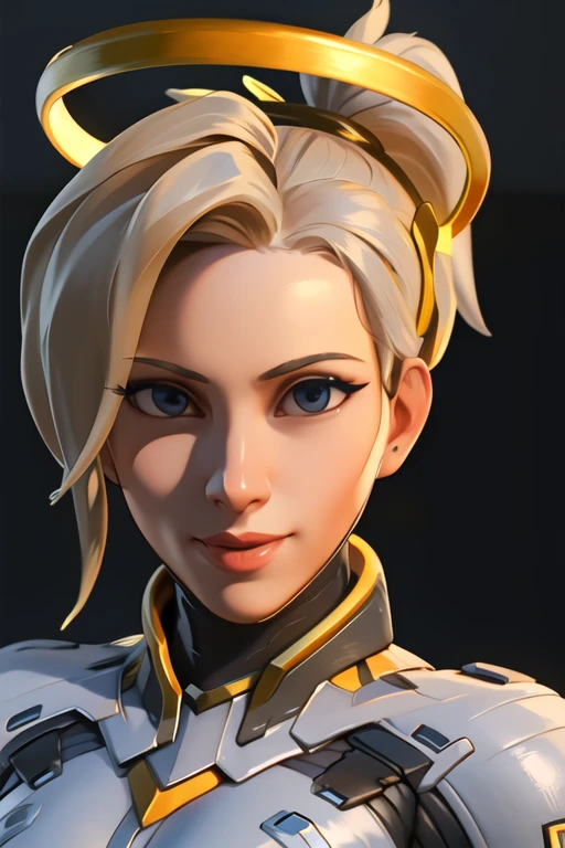 portrait, mercy, bodysuit, high ponytail, hair tie, looking at viewer, hopeful smile, confident facial expression, mechanical halo, <lora:mercyOverwatchLORA_v1:0.7>, best quality, <lora:limitedBlueStyleLORA_v1:1>, limited palette
