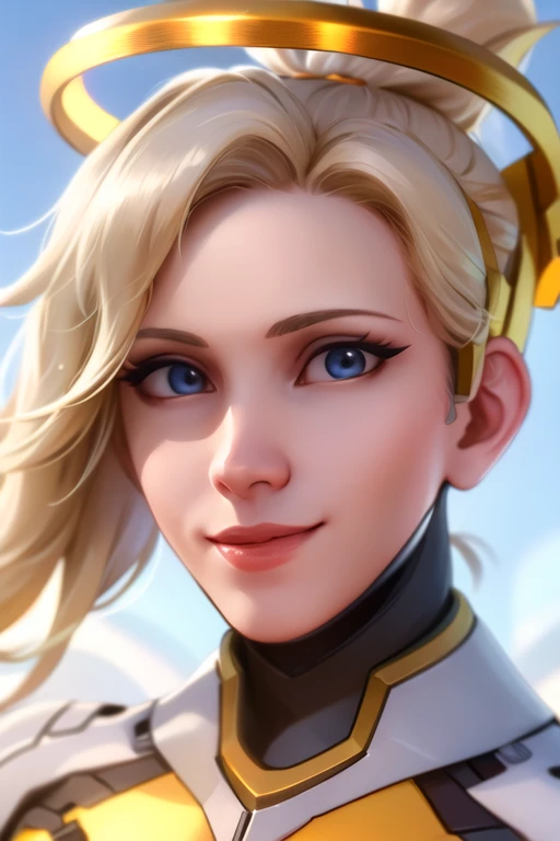 portrait, mercy, bodysuit, high ponytail, hair tie, looking at viewer, hopeful smile, confident facial expression, mechanical halo, glowing, sky, sunlgiht, <lora:mercyOverwatchLORA_v1:0.7>, best quality