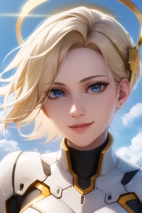 portrait, mercy, bodysuit,short hair, hair tie, looking at viewer, hopeful smile, confident facial expression, mechanical halo, glowing, sky, sunlgiht, <lora:mercyOverwatchLORA_v1:0.4>, best quality