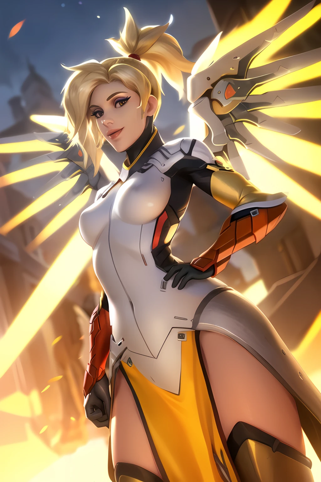 portrait, mercy, waist up, bodysuit, armored boots, loincloth, brown legwear, hands on hips, yellow wings, glowing wings, high ponytail, looking at viewer, gentle smile, sky, sunlight,,<lora:mercyOverwatchLORA_v1:0.7>, best quality