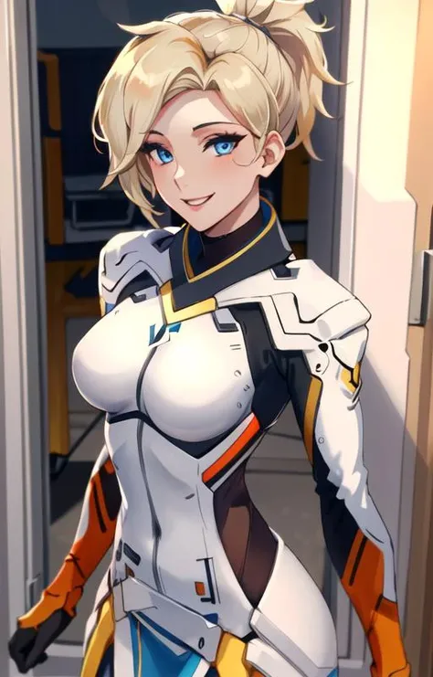 (SFW), masterpiece, best quality, highres 64k, clean, cinematic lighting, best shadow, volumetric lighting, beautiful detailed face, beautiful detailed eyes, beautiful detailed hair, multicoloured hair, (best illumination), (very sexy young female body:1.4), (medium breast, lactation ), ((seductive smile)), sexy looking at the viewer, floating hair, makeup, 1girl, solo, ((mercy)), blonde hair, blue eyes, high long ponytail,(( see-through bodysuit, ))long sleeves, gloves, loincloth, brown legwear, very sexy breastplate, ((((no wings)))), in
doors, afternoon, open door, mercy standing in front of the viewer, outdoors, ( upper body, closeup to face), <lora:mercy:0.599>