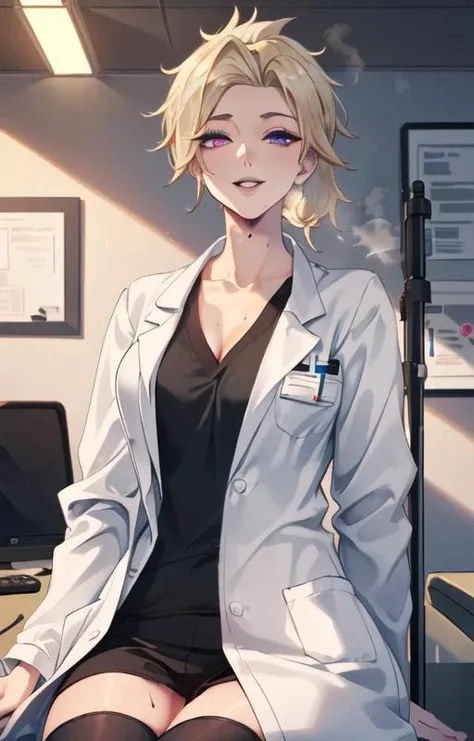 (SFW), masterpiece, best quality, highres 64k, clean, cinematic lighting, best shadow, volumetric lighting, ((beautiful detailed face,)) beautiful detailed pink magic eyes, beautiful detailed blonde hair, multicoloured hair, (best illumination), (very sexy young female body:1.4), (medium breast, lactation ), (( seductive smile, black lips, parted lips, )), looking lovingly at the viewer, floating hair, makeup, 1girl, solo, (mercy), long hair, long ponytail, (seductive:1.3), ((labcoat, name tag, periscope, glowing, holding staff, hair over one eye, indoors, office, (seductively sitting, steaming body, ) (in front, upper body, cowboy shot), <lora:mercy:0.5>