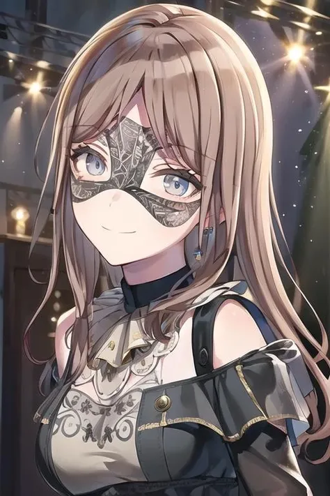(black eye mask),  <lora:äººç©-Mygo-é¿å´ç´ ä¸:1:CHAR>, brown hair, blue eyes, looking at viewer, smile, closed mouth, standing, full body, lace, dress,   <lora:AveMujicaMask:1>, evil smile,, (masterpiece),(best quality),extreamly delicate and beautiful,illustration,, 1girl, solo,solo_focus,((best quality)), ((ultra-detailed)), finely detailed face,