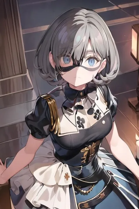 (black eye mask), <lora:AveMujicaMask:1>, looking at viewer, cowboy shot,
<lora:人ç©-LoveLive-åå¯å¯:0.9:CHAR>, tang keke, bob cut, grey hair, blue eyes,, (masterpiece),(best quality),extreamly delicate and beautiful,illustration,, 1girl, solo,solo_focus,((best quality)), ((ultra-detailed)), finely detailed face,