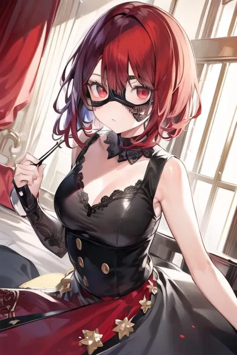 (black eye mask), <lora:AveMujicaMask:1>, looking at viewer, cowboy shot,
<lora:人ç©-ææ¨çå©å-æé©¬å å¥:1:COS>, bob cut, red eyes, red hair,, (masterpiece),(best quality),extreamly delicate and beautiful,illustration,, 1girl, solo,solo_focus,((best quality)), ((ultra-detailed)), finely detailed face,
