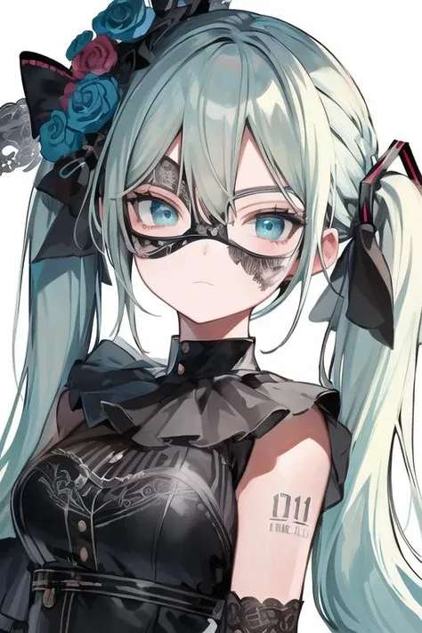 (black eye mask), <lora:AveMujicaMask:1>, looking at viewer, cowboy shot,
<lora:人ç©-VOCALOID-å鳿ªæ¥:1:COS>, twintails, aqua eyes, aqua hair, hatsune miku,, (masterpiece),(best quality),extreamly delicate and beautiful,illustration,, 1girl, solo,solo_focus,((best quality)), ((ultra-detailed)), finely detailed face,