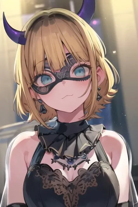 (black eye mask),  <lora:AveMujicaMask:1>,  looking at viewer, cowboy shot, 
<lora:äººç©-ææ¨çå­©å­-memcho:1:CHAR>, bob cut, aqua eyes, fake horns, blonde hair, multicolored hair, :3,, (masterpiece),(best quality),extreamly delicate and beautiful,illustration,, 1girl, solo,solo_focus,((best quality)), ((ultra-detailed)), finely detailed face,