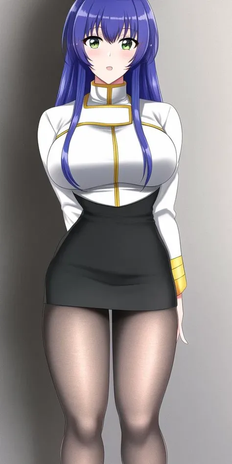 masterpiece, best_quality, highres, <lora:YurikaMisumaru:0.75>, YurikaMisumaru, CaptainUniform, large_breasts, solo, arms_behind_back, pencil_skirt, tights