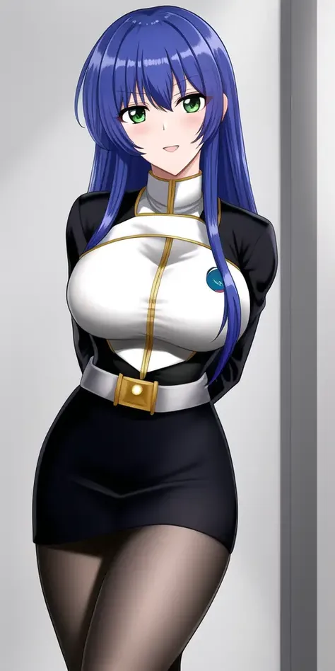 masterpiece, best_quality, highres, <lora:YurikaMisumaru:0.75>, YurikaMisumaru, CaptainUniform, large_breasts, solo, arms_behind_back, pencil_skirt, tights