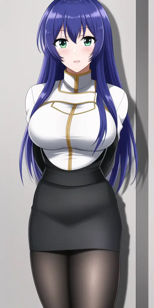 masterpiece, best_quality, highres, <lora:YurikaMisumaru:0.75>, YurikaMisumaru, CaptainUniform, large_breasts, solo, arms_behind_back, pencil_skirt, tights