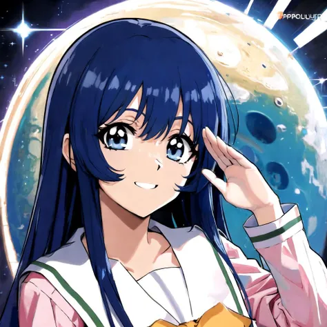 absurdres, highres, ultra detailed, 8k, anime keyvisual, face focus, solo,
<lora:yurikaMisumaruMartian_v10:0.7:char> YurikaMisumaru, blue hair, blue eyes, salute, maughty face, happy, raised eyebrows, jupiter \(planet\),<lora:pnkserafuku_sfw_v10:1>pnkserafuku,
<lyco:envybetterhandsLocon_beta2:1.0>
