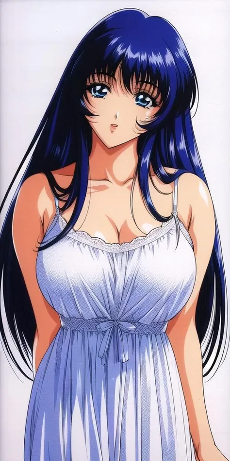 (masutepiece, Best Quality, High resolution:1.5, anime colours, megami magazine:1.2, anime poster style, anime keyvisual, sharp, 8k, photorealistic), (beautiful detailed eyes:1.5, beautiful detailed face:1.2), madoka ayukawa, 1girl, blush, (black hair, Long Hair), (sagging huge breasts), (negligee), upper body, (Perfect detailed Anatomy, beautiful detailed hair, beautiful detailed body:1.2, shiny skin), (thick outline, Beautiful outlines, black outlines), simple background
