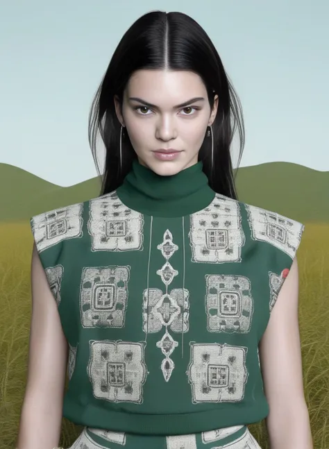 KendallJenner, art by Clemens Ascher, portrait, vegetation and garden,close up of a Overwrought Inuit Female, wearing Mountaineer Harem pants, FOV 90 degrees, Colorless, Mandala, <lora:KendallJennerSDXL:1>